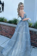 Load image into Gallery viewer, Princess A Line Off the Shoulder Grey Blue Long Prom Dress with Beading