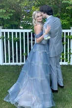 Load image into Gallery viewer, Princess A Line Off the Shoulder Grey Blue Long Prom Dress with Beading