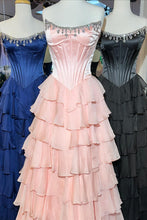 Load image into Gallery viewer, Princess A Line Strapless Hot Pink Corset Prom Dress with Beading Ruffles