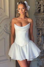 Load image into Gallery viewer, Princess A Line Strapless White Satin Short Homecoming Dress with Ruched
