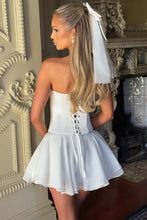 Load image into Gallery viewer, Princess A Line Strapless White Satin Short Homecoming Dress with Ruched
