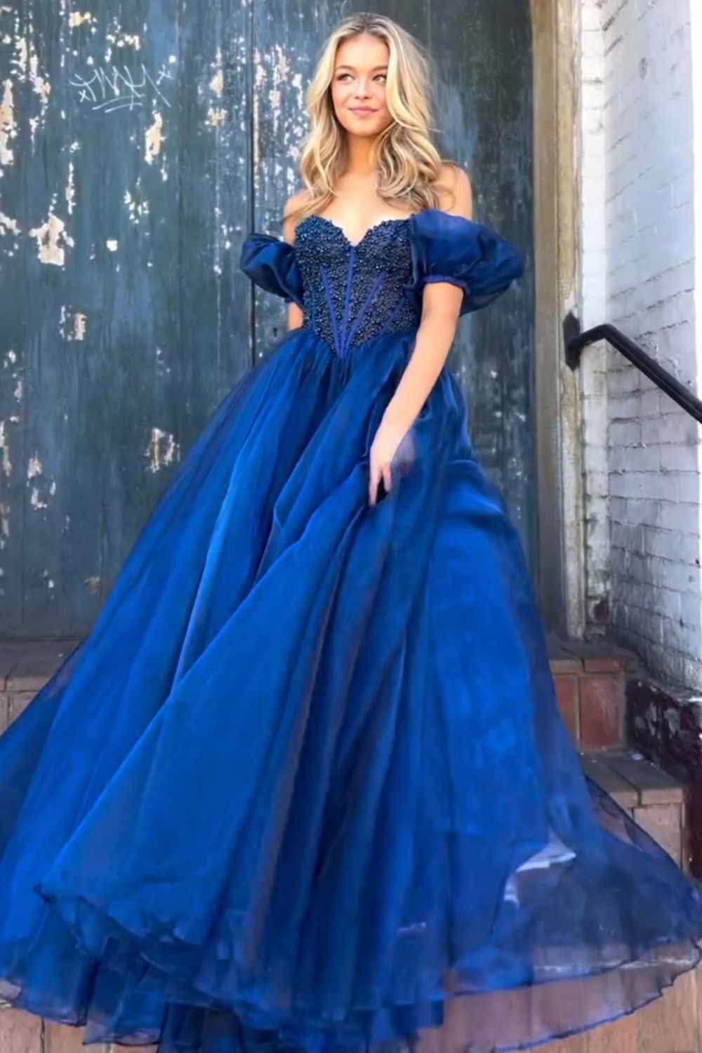 Luuvis Princess A Line Sweetheart Blue Corset Prom Dress with Beading