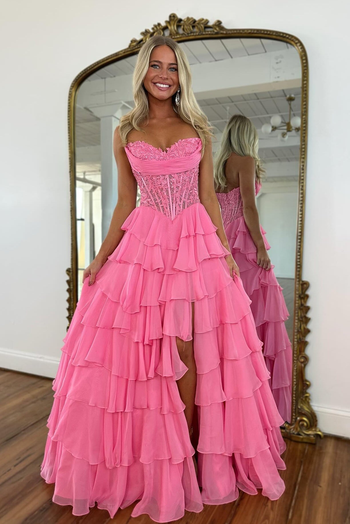 Princess A Line Sweetheart Pink Corset Prom Dress with Appliques Ruffles