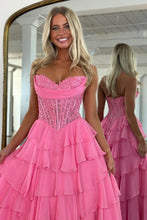 Load image into Gallery viewer, Princess A Line Sweetheart Pink Corset Prom Dress with Appliques Ruffles
