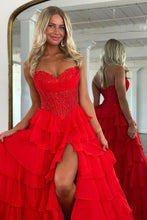 Load image into Gallery viewer, Princess A Line Sweetheart Pink Corset Prom Dress with Appliques Ruffles
