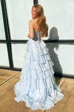 Load image into Gallery viewer, Princess A Line Sweetheart Light Blue Corset Prom Dress with Appliques Ruffles