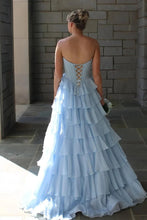 Load image into Gallery viewer, Princess A Line Sweetheart Light Blue Corset Prom Dress with Appliques Ruffles