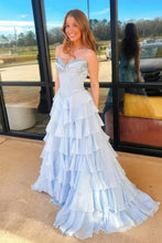 Load image into Gallery viewer, Princess A Line Sweetheart Light Blue Corset Prom Dress with Appliques Ruffles