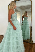 Load image into Gallery viewer, Stunning A Line Sweetheart Mint Green Tiered Tulle Corset Prom Dress with Floral