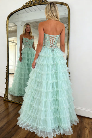 Stunning A Line Sweetheart Mint Green Tiered Tulle Corset Prom Dress with Floral