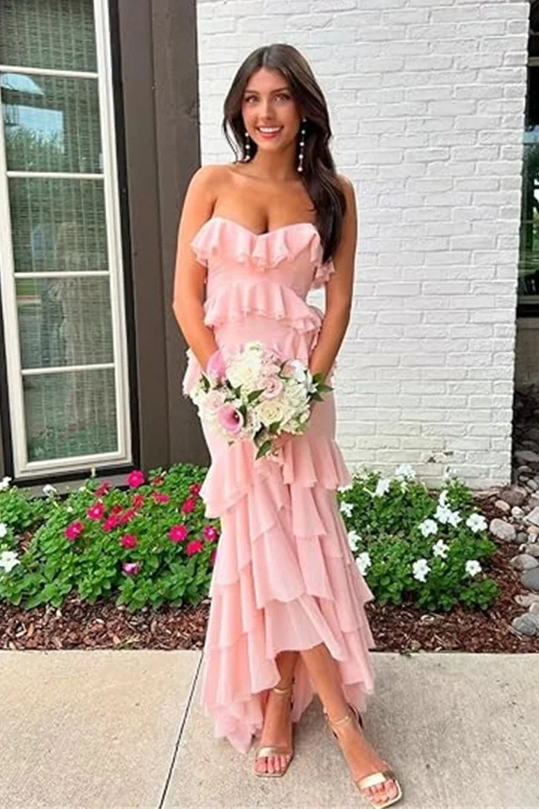 sweetheart pink prom dress Pink Chiffon Tiered A-line Sweetheart Neck Prom Dresses With Bow, MP980