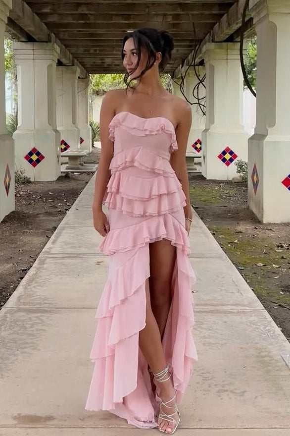 Luuvis Women Pink Long Prom Dress Princess Sheath Sweetheart Formal Dress  with Ruffles