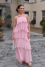 Load image into Gallery viewer, Princess A Line Halter Neck Pink Long Prom Dress with Ruffles