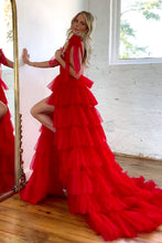 Load image into Gallery viewer, A-Line Red Tulle V-Neck Long Prom Dress With High Slit And Ruffles
