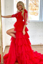 Load image into Gallery viewer, A-Line Red Tulle V-Neck Long Prom Dress With High Slit And Ruffles
