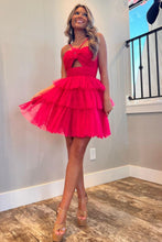 Load image into Gallery viewer, Red A-Line Halter Neck Short Tiered Tulle Homecoming Dress
