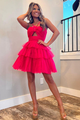 Red A-Line Halter Neck Short Tiered Tulle Homecoming Dress