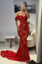 Load image into Gallery viewer, Hot Red Off-Shoulder Lace Mermaid Prom Dress with Floral Appliques
