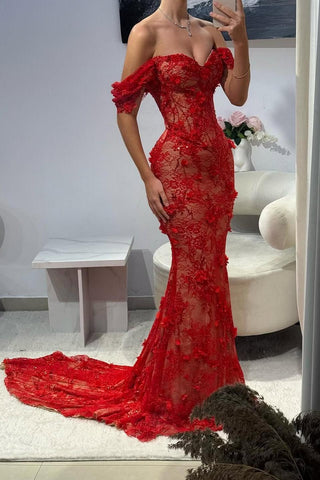 Hot Red Off-Shoulder Lace Mermaid Prom Dress with Floral Appliques