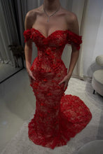 Load image into Gallery viewer, Hot Red Off-Shoulder Lace Mermaid Prom Dress with Floral Appliques