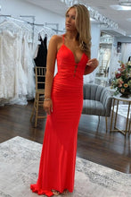 Load image into Gallery viewer, Red Satin Mermaid Spaghetti Straps Lace Up Long Prom Dress