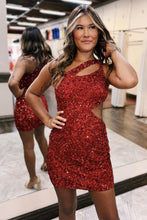 Load image into Gallery viewer, Red Sequin One Shoulder Cutout Waist Short Tight Homecoming Dress
