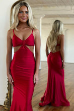 Load image into Gallery viewer, Stylish Mermaid Spaghetti Straps Long Red Satin Prom Dress