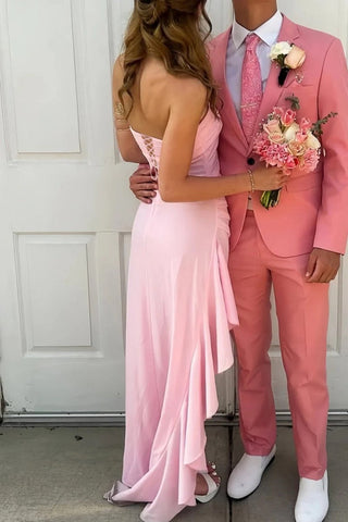 Stunning Sheath Strapless Pink Long Prom Dress with Split Front