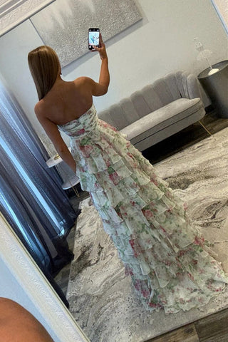 Gorgeous A Line Sweetheart Ivory Floral Printed Long Prom Dress with Ruffles