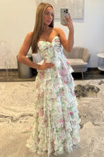 Load image into Gallery viewer, Gorgeous A Line Sweetheart Ivory Floral Printed Long Prom Dress with Ruffles
