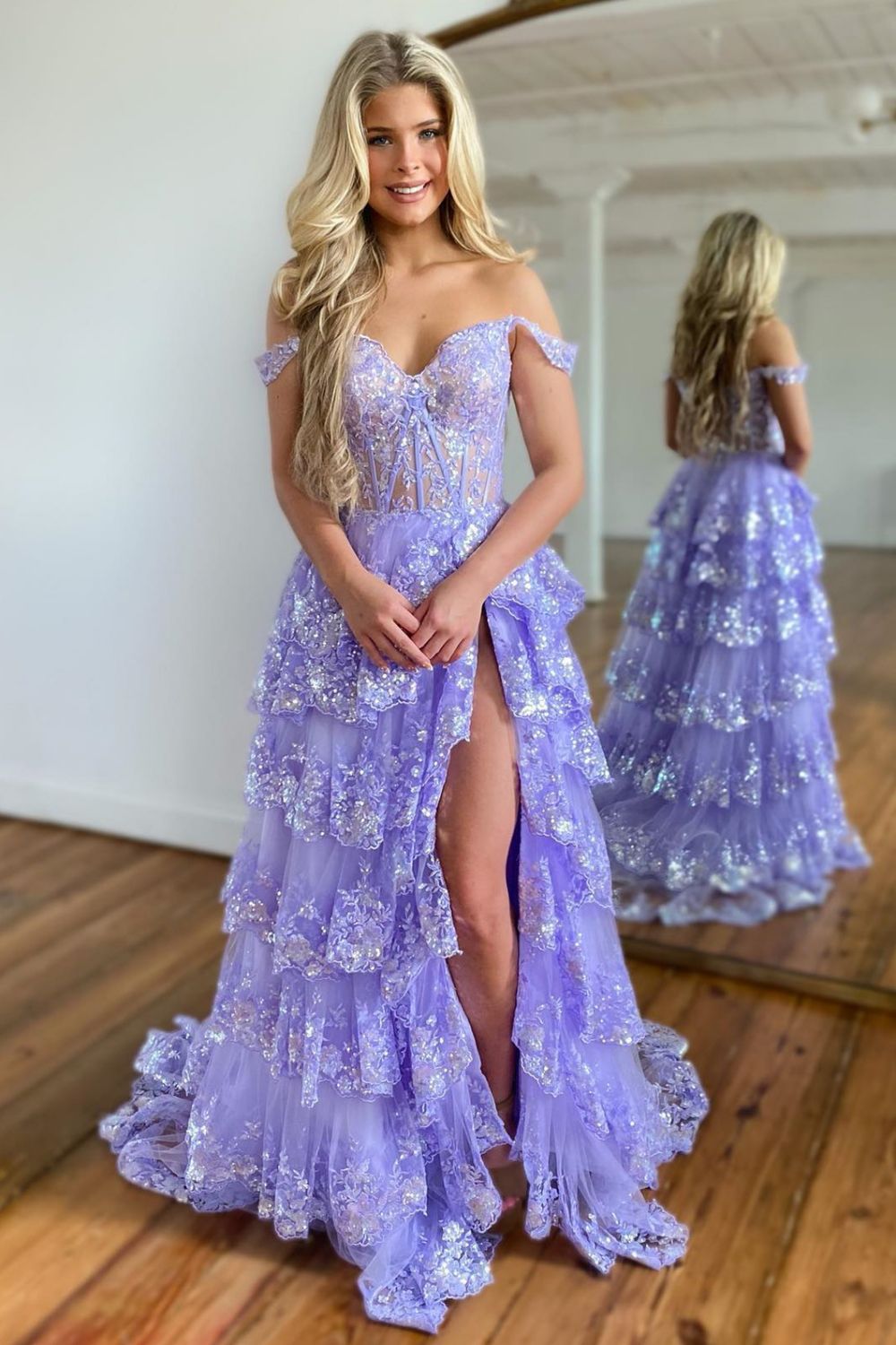 Luuvis Sparkly Hot Pink A-Line Off The Shoulder Long Tiered Prom Dress With  Appliques