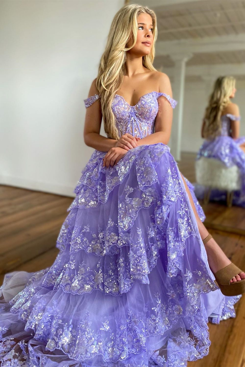 Luuvis Stunning Glitter A-Line Off The Shoulder Long Tiered Prom Dress
