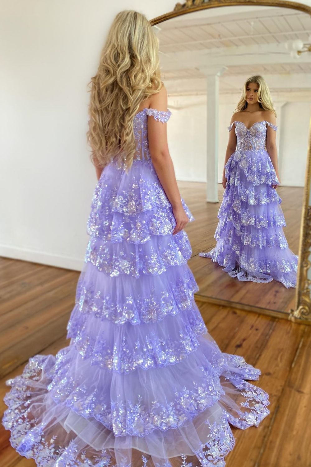 Hot Pink Cold Shoulder A-Line Tulle Tiered Long Prom Dress with Appliques