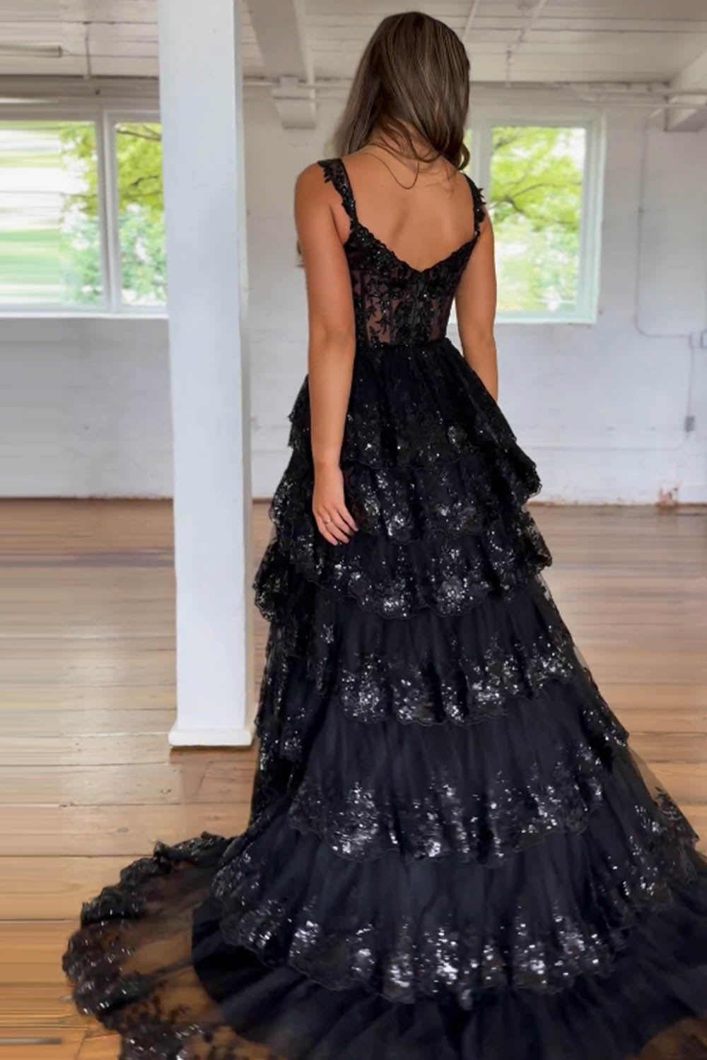 Luuvis Stunning Glitter A-Line Off The Shoulder Long Tiered Prom Dress ...