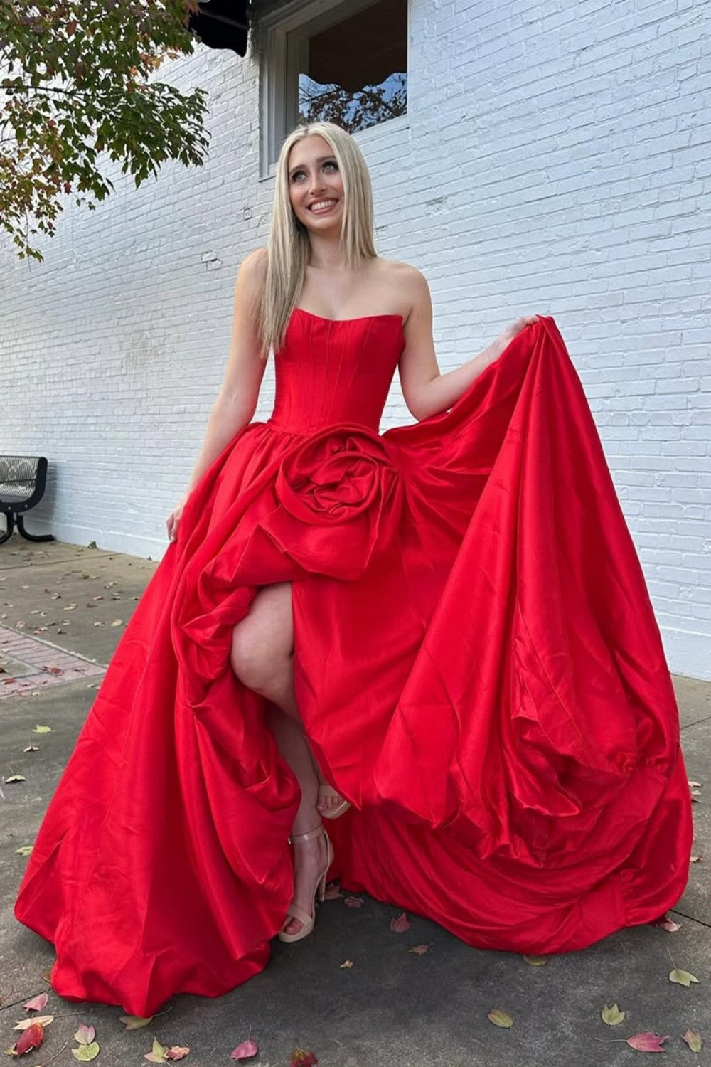 Luuvis Women Red Corset Prom Dress Trendy A Line Strapless Formal Dress