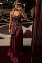 Load image into Gallery viewer, Gorgeous A Line Halter Neck Burgundy Long Party Dress with Beading Ruffles