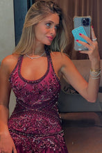 Load image into Gallery viewer, Gorgeous A Line Halter Neck Burgundy Long Party Dress with Beading Ruffles