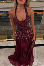 Load image into Gallery viewer, Gorgeous A Line Halter Neck Burgundy Long Party Dress with Beading Ruffles