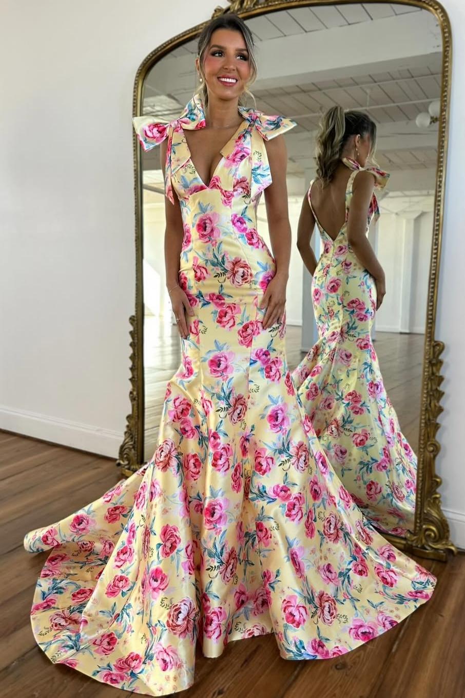 Romantic Bloom Mermaid V Neck Yellow Prom Dress with Bow Shoulders & Open Back