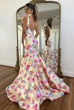 Load image into Gallery viewer, Romantic Bloom Mermaid V Neck Yellow Prom Dress with Bow Shoulders &amp; Open Back