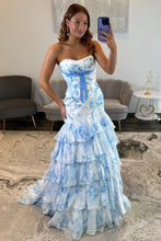 Load image into Gallery viewer, Charming Mermaid Strapless Blue Floral Printed Long Prom Dress with Layered Ruffle