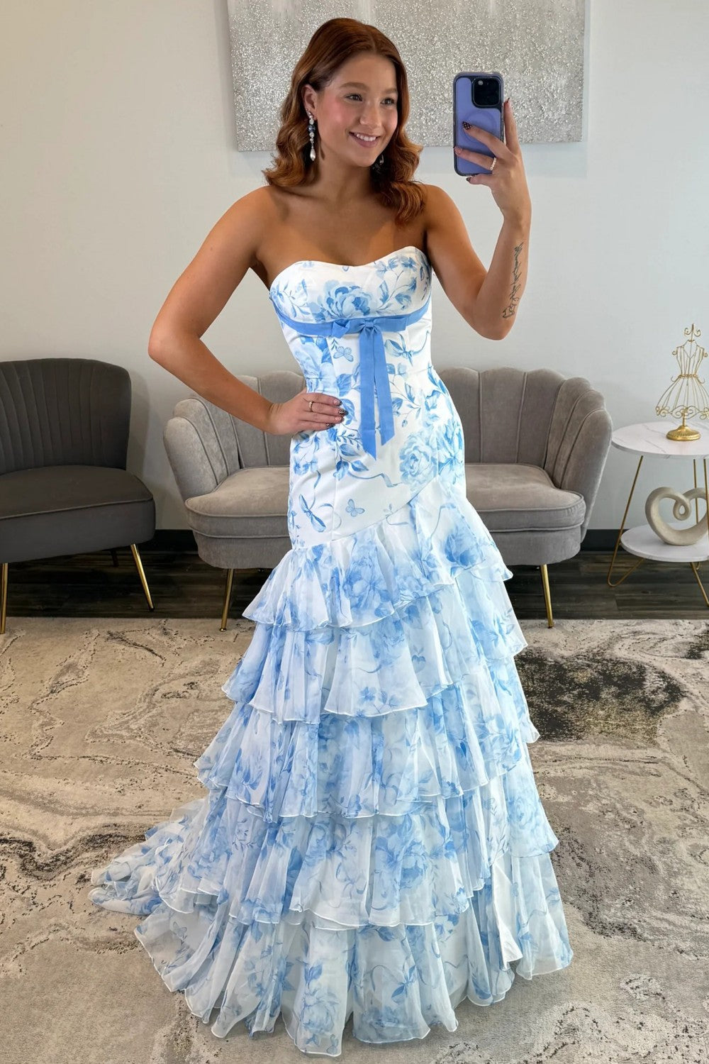 Charming Mermaid Strapless Blue Floral Printed Long Prom Dress with Layered Ruffle