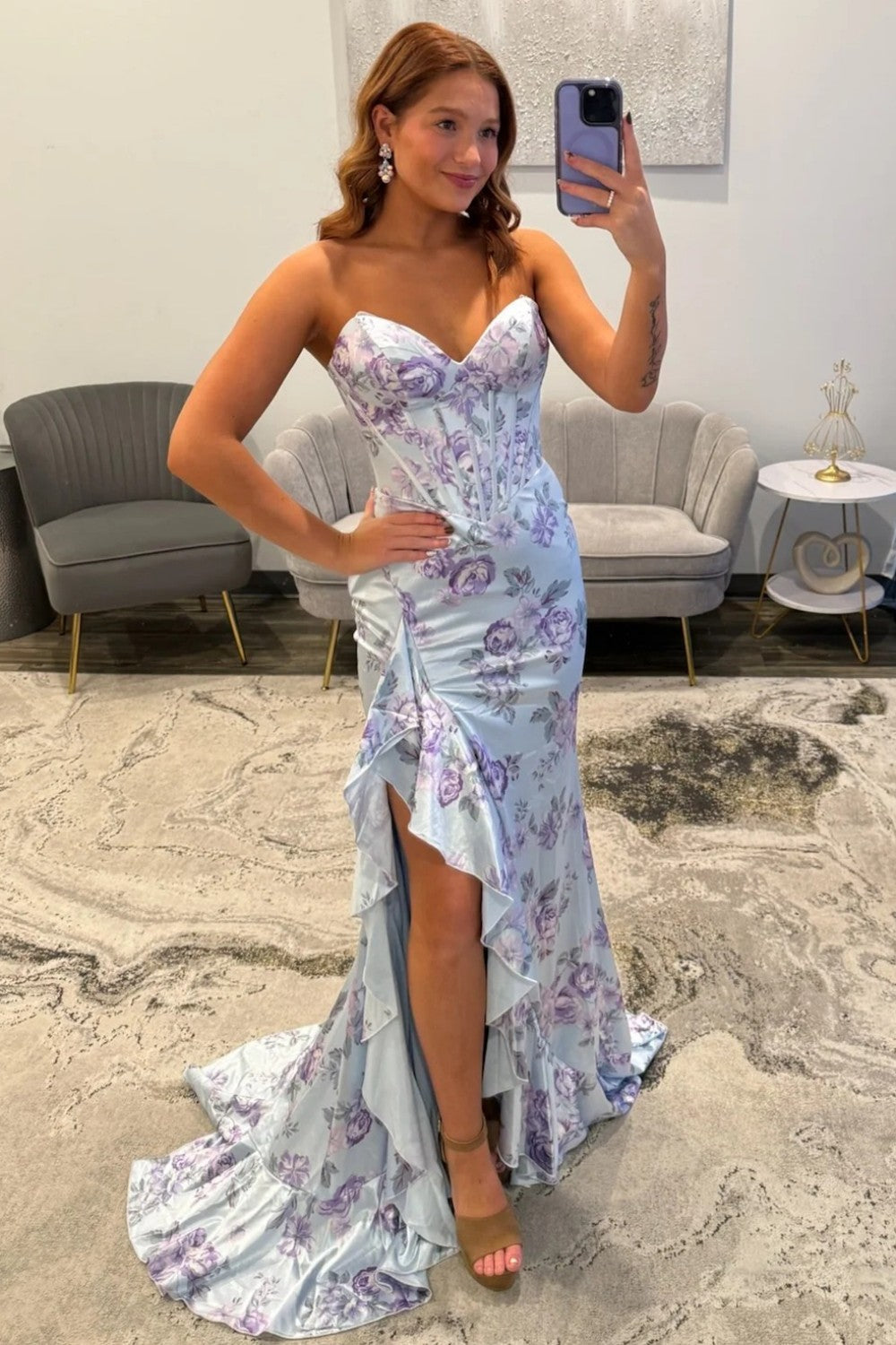 Glamorous Mermaid Sweetheart Light Blue Floral Printed Corset Prom Dress with Ruffles