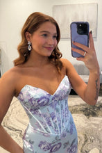 Load image into Gallery viewer, Glamorous Mermaid Sweetheart Light Blue Floral Printed Corset Prom Dress with Ruffles
