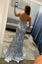 Load image into Gallery viewer, Glamorous Mermaid Sweetheart Light Blue Floral Printed Corset Prom Dress with Ruffles