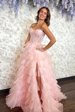 Load image into Gallery viewer, Princess A Line Sweetheart Blush Pink Corset Tiered Tulle Prom Gown with Slit