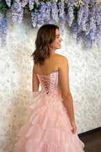 Load image into Gallery viewer, Princess A Line Sweetheart Blush Pink Corset Tiered Tulle Prom Gown with Slit