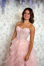 Load image into Gallery viewer, Princess A Line Sweetheart Blush Pink Corset Tiered Tulle Prom Gown with Slit