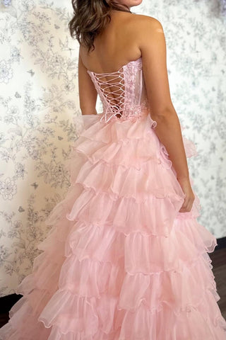 Princess A Line Sweetheart Blush Pink Corset Tiered Tulle Prom Gown with Slit