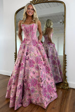 Load image into Gallery viewer, Stunning A Line Strapless Purple Floral Printed Long Prom Dress with Pearls